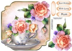 Teacup, Saucer & Spring Roses - Shaped Topper