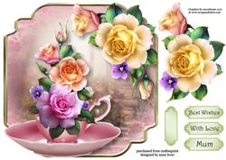 Teacup, Saucer & Pastel Roses - Shaped Topper