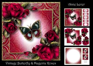 Vintage Butterfly & Magenta Roses