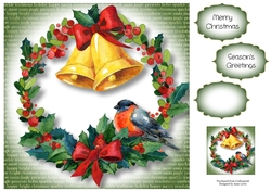 Watercolour Wreath With Bells & Bird 8x8