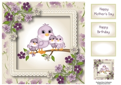 Mummy & 3 Baby Birds - mothers day or birthday 8x8