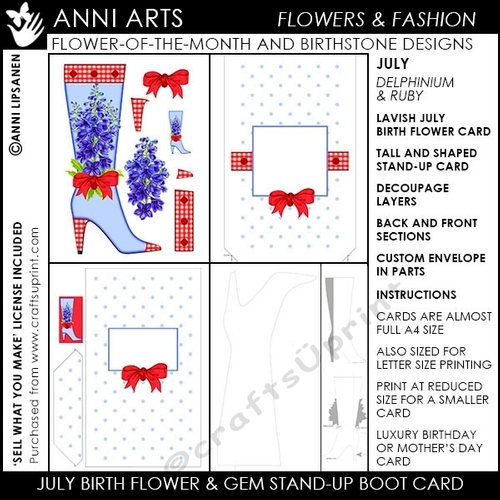 Birth Flower July - Shaped Boot Card and Envelope