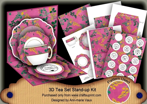 Oriental Ferns Cerise 3D Tea Set Pop Up Card Kit