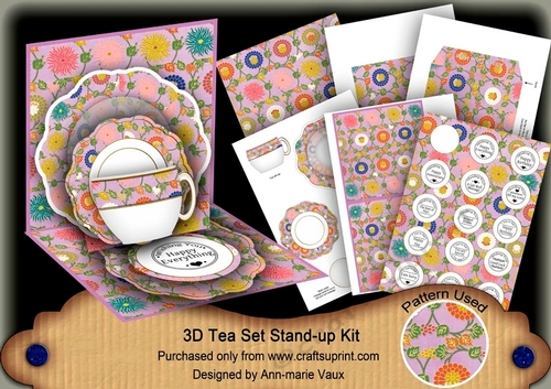 Oriental Flower Lilac 3D Tea Set Pop Up Card Kit