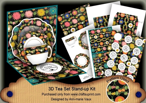 Oriental Flower Black 3D Tea Set Pop Up Card Kit