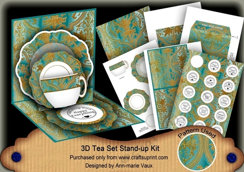 Damask Dusky Teal 3D Tea Set Pop Up Card Kit