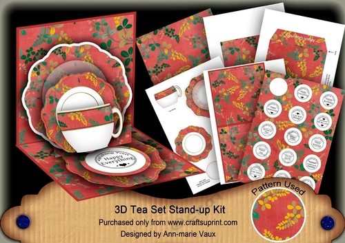 Oriental Ferns Red 3D Tea Set Pop Up Card Kit