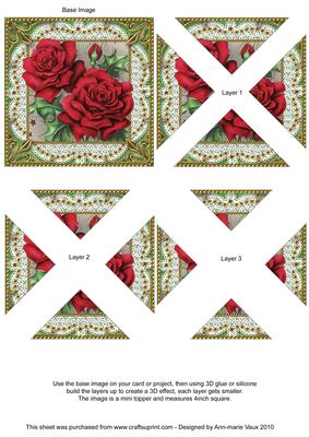Beuatiful Red Roses 1 Vintage Lace Mini 4in Triangle Stacker