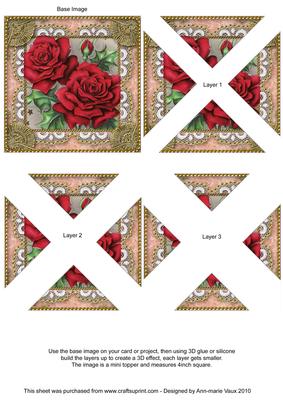 Beautiful Red Roses 2 Vintage Lace Mini 4in Triangle Stacker