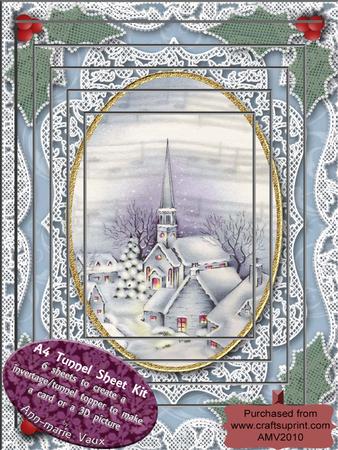 Christmas Blue Church2 Ruffles Tunnel A4 Topper Kit