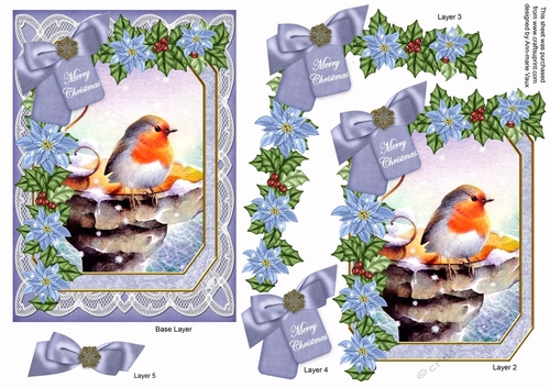 Blue Robin Merry Christmas 7x5in Fancy Lace Step by Step