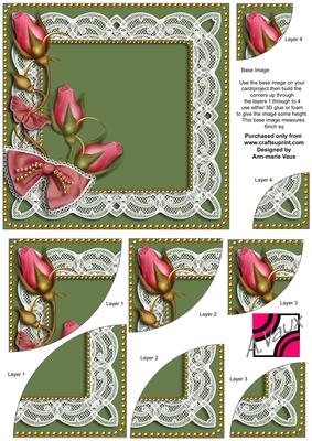 Green Pink Rose Sprays 6inch Duo Corner Stacker Card Front