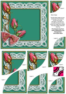 Teal Pink Rose Sprays 6inch Duo Corner Stacker Card Front