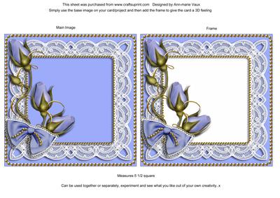 Vintage Pale Blue Rosebud Lace Square Card Front and Frame