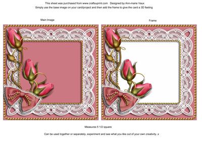 Vintage Dusky Pink Rosebud Lace Square Card Front and Frame