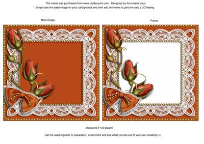 Burnt Orange Rosebud Lace Square Card Front and Frame