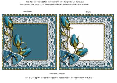 Teal Blue Rosebud Lace Square Card Front and Frame
