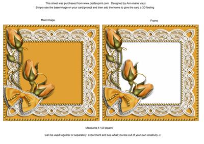 Vintage Mustard Rosebud Lace Square Card Front and Frame