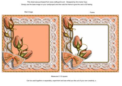 Vintage Peach Rosebud Lace Square Card Front and Frame