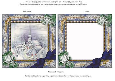 Blue Church Snow Ornate Square Card Front and Frame