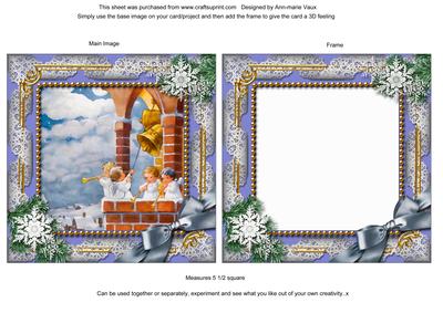 Angel Bell Pulling Snow Ornate Square Card Front and Frame