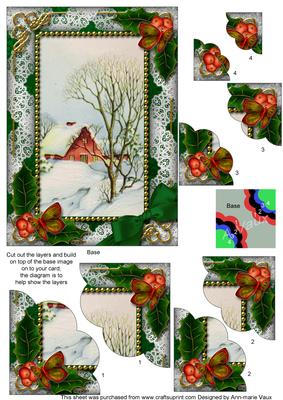 Winter Scene Holly 7x5inch Scalloped Duo Corner Stacker