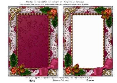 Pink Poinsettia Holly Ornate 7x5 Plain Card Front and Front