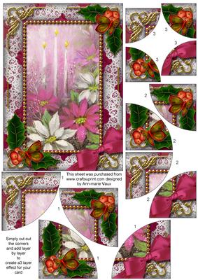 Pink Poinsettia Holly 7x5in All 4 Corner Stacker Card Front