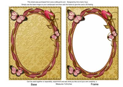 Gold Pink Butterfly Ornate 7x5in Plain Card Front and Frame
