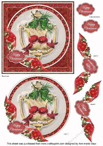 Lovebirds Happy Christmas 6inch Circle Decoupage Topper
