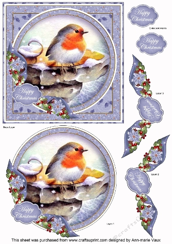 Blue Robin Happy Christmas 6inch Circle Decoupage Topper