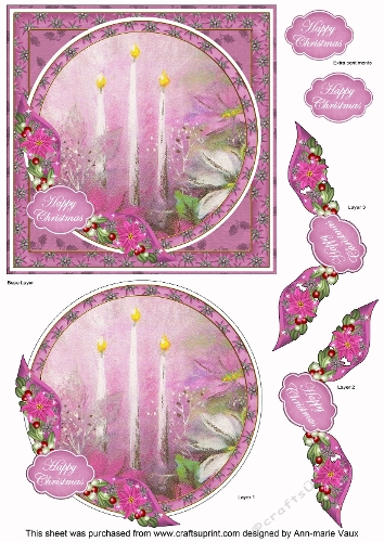 Christmas Pink Candles Happy Christmas 6inch Circle Decoupage Topper
