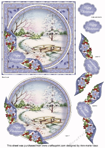 Blue Snowscene Happy Christmas 6inch Circle Decoupage Topper