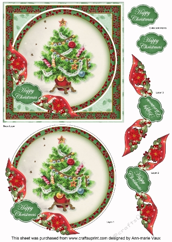 Christmas Tree Happy Christmas 6inch Circle Decoupage Topper