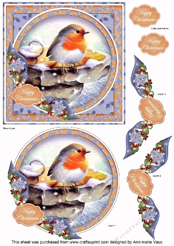 Blue Orange Robin Happy Christmas 6inch Circle Decoupage Topper