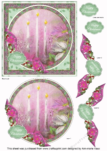Pink Green Christmas Candles Happy Christmas 6inch Circle Decoupage Topper