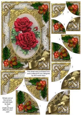 Christmas Roses Holly 7x5in All 4 Corner Stacker Card Front