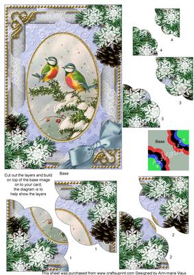 Christmas Blue Tits Snow 7x5in Scalloped Duo Corner Stacker