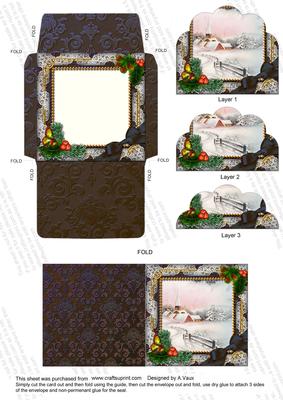 Snow Village Holly Card Envelope Scallop Bottom Stacker Aio