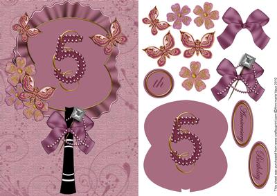 Plum Butterfly Fan Numbered 5 Occasion Card Front Decoupage