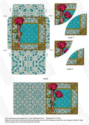 Teal Pink Rose Lace Card Envelope Duo Corner Stacker Aio