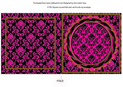 Cerise Black Damask Square Fold Round Scallop Card