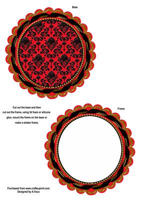 Red Black Damask Round Scallop Shaped Base and Shaker Frame