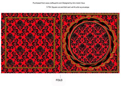Red Black Damask Square Fold Round Scallop Card