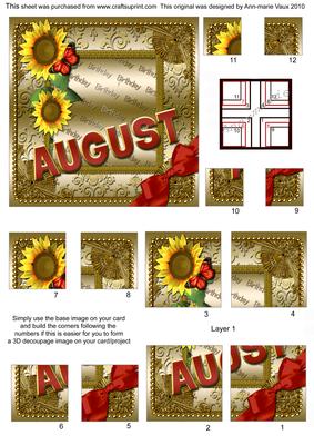 August Sunflower Gold Birthday 4 Corner Stacker Card Front
