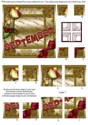 September Rose Gold Birthday 4 Corner Stacker Card Front
