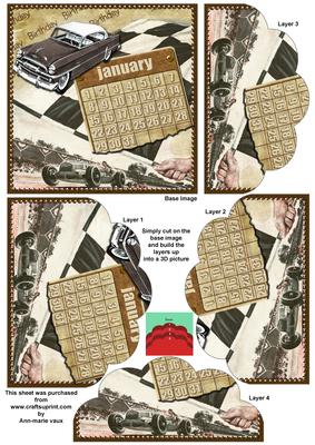 Vintage Cars January Calendar 5in Scallop Bottom Stacker