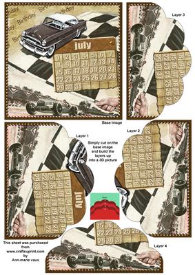 Vintage Car July Calendar 5in Scallop Bottom Stacker