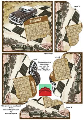 Vintage Car August Calendar 5in Scallop Bottom Stacker