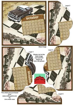 Vintage Car October Calendar 5in Scallop Bottom Stacker